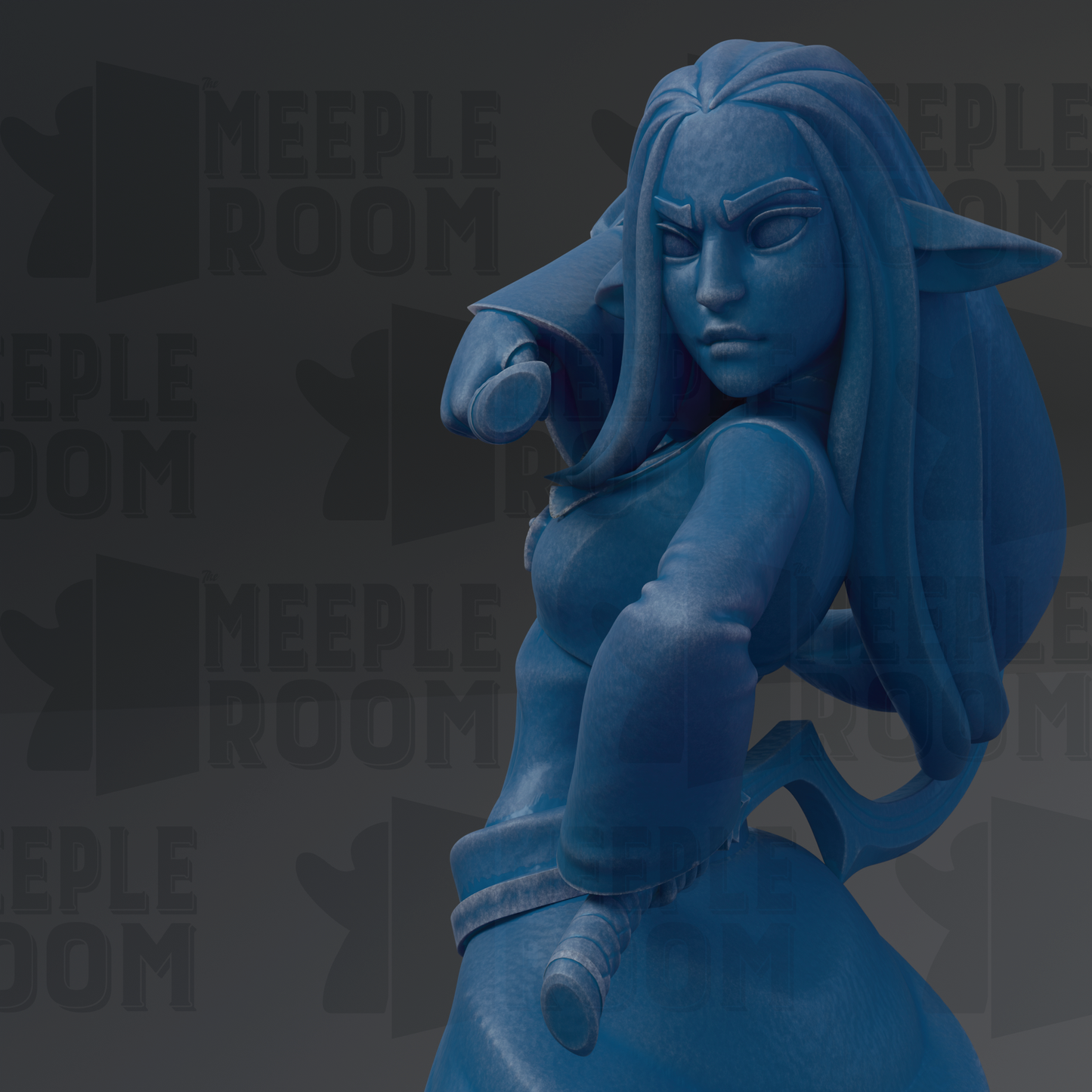 A blue, cartoonish female character with long hair and a determined expression, holding a weapon and standing in a fighting stance.