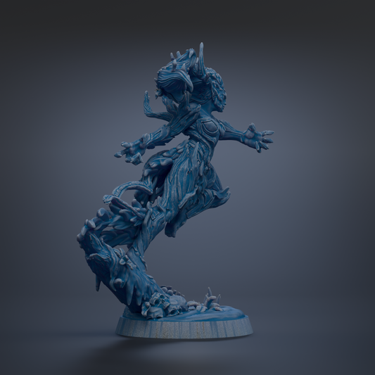 A 3D rendering of a fantastical, blue-colored creature with intricate, organic-looking features, such as a large head, long neck, and flowing, textured body.