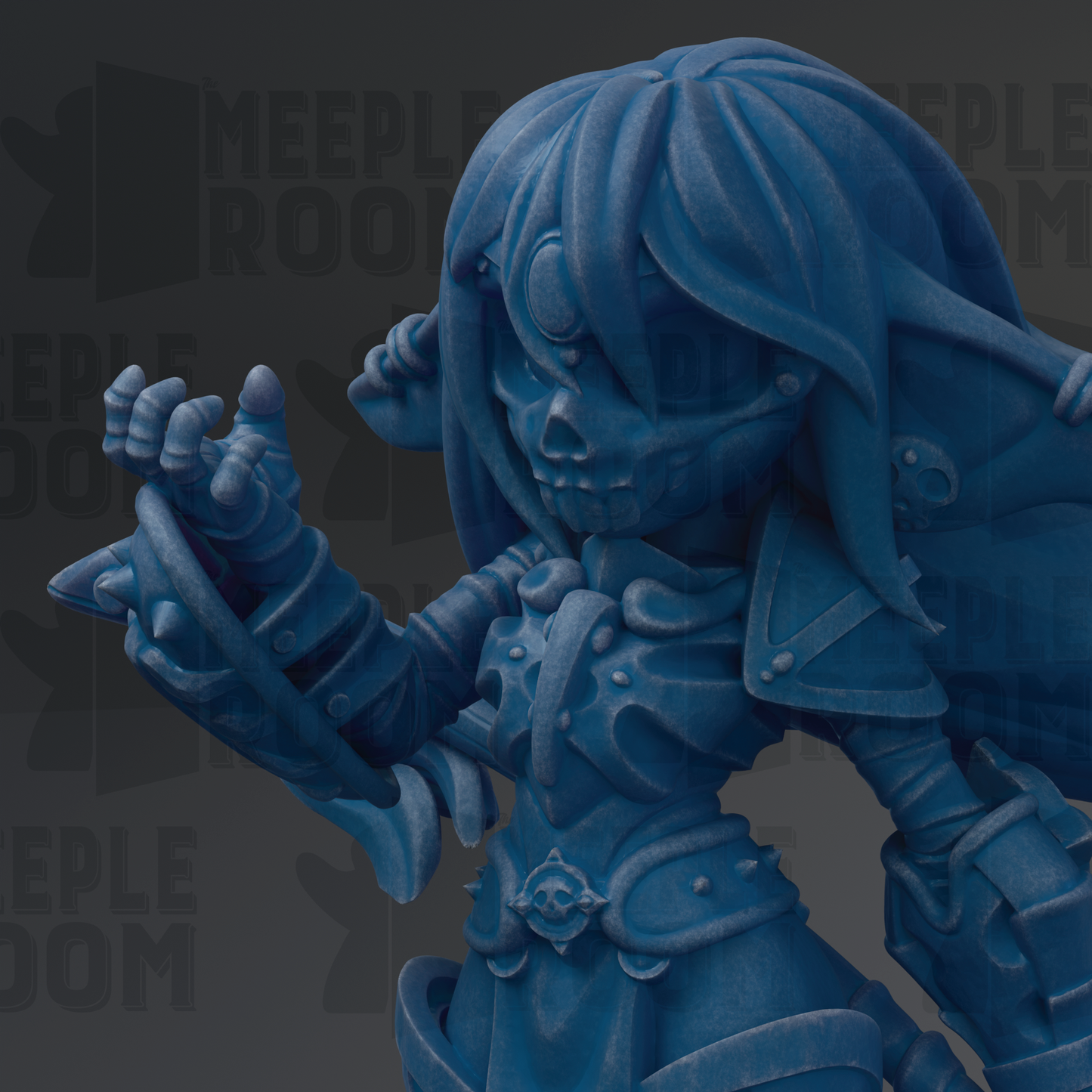 A close-up of a blue, 3D-rendered character with intricate details and a detailed design.