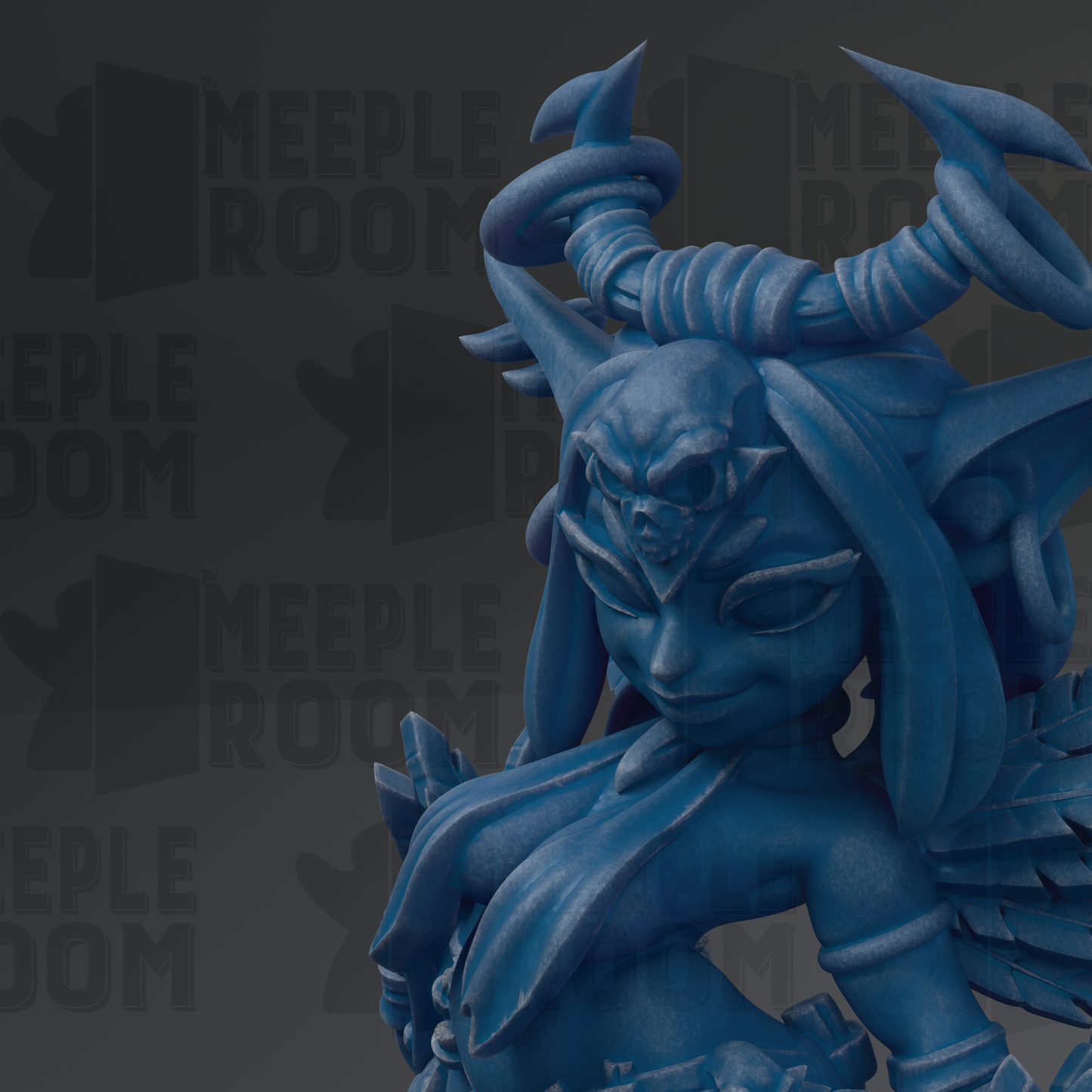A close-up of a blue, fantastical creature with horns and a fierce expression, set against a dark background with repeated text.