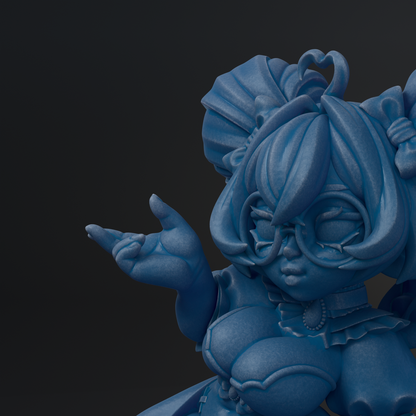 A close-up of a blue, 3D-rendered character with intricate details and a whimsical expression.