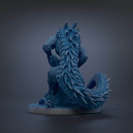 A 3D rendering of a blue, spiky-haired creature resembling a mythical or fantastical creature, sitting on a platform against a dark background.