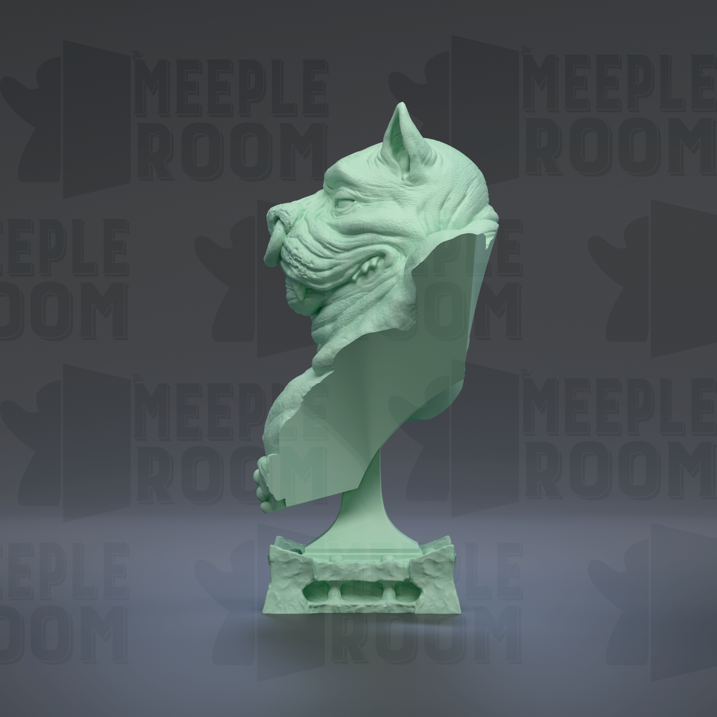 A green bust sculpture of a dog's head is displayed against a dark background with repeated text.