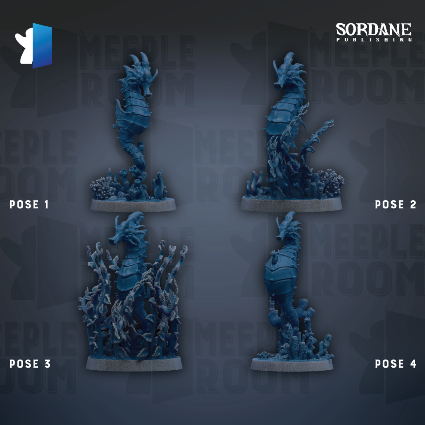four figurines of seahorses, each in a different pose, arranged in a grid against a dark background.