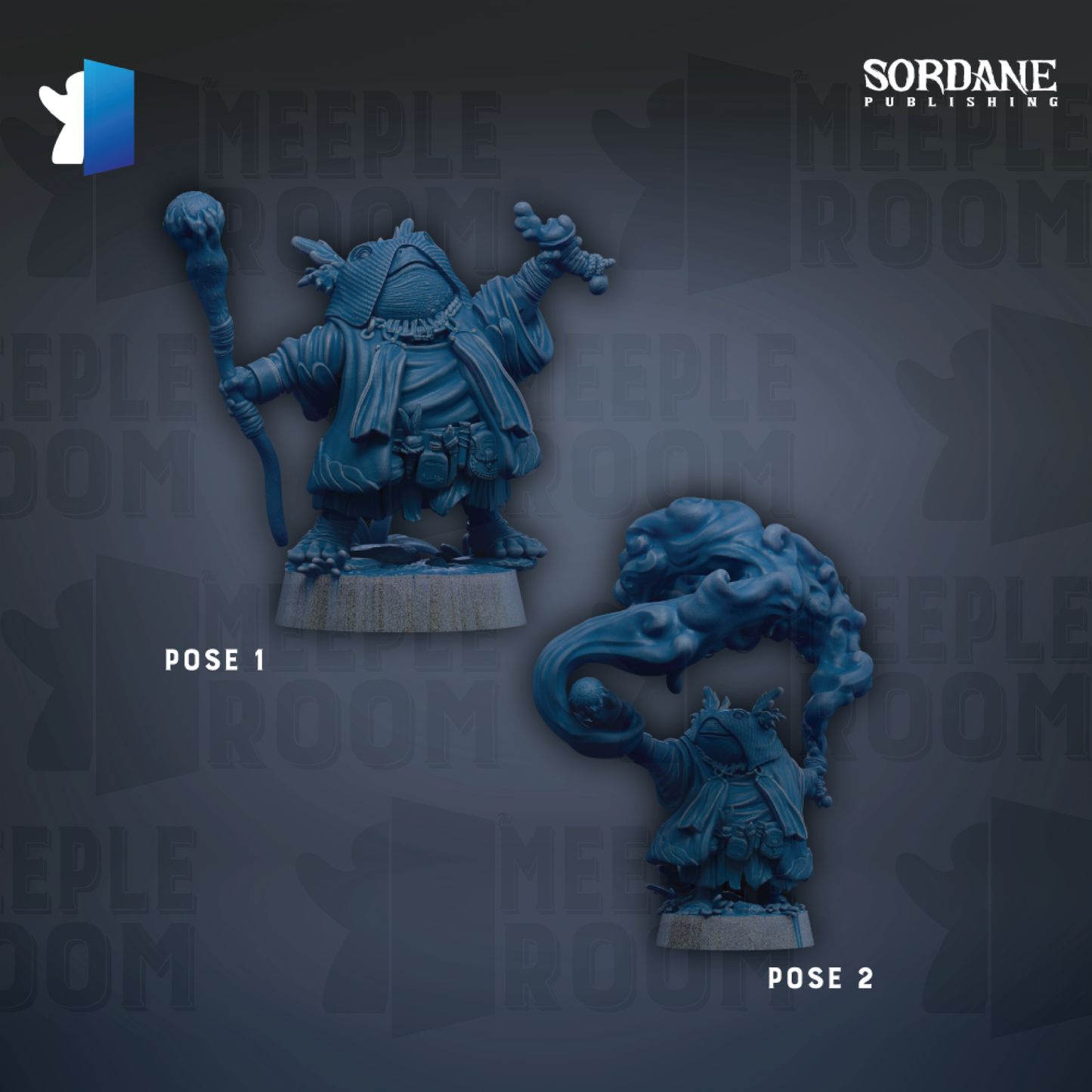 two blue figurines, one standing upright and the other lying down, against a dark background with repeated text.