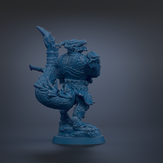 A blue, 3D-rendered statue of a fantastical creature with a fierce expression and intricate details.
