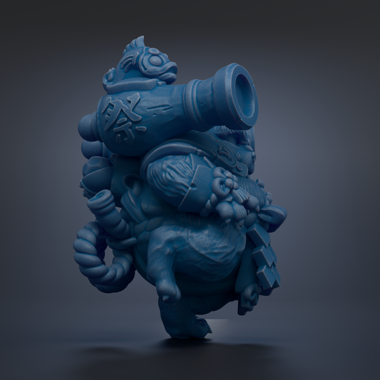 A blue, 3D-rendered character with a large, curved weapon on top, standing on one leg against a dark background.