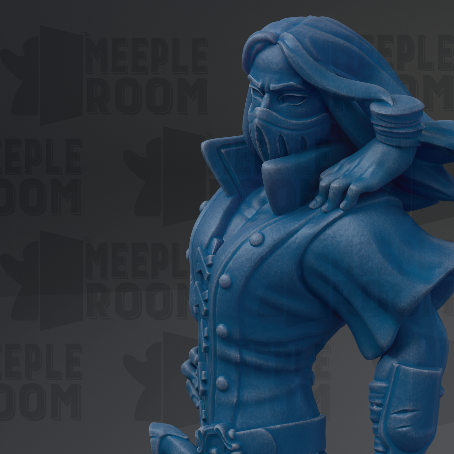 A blue statue of a person with long hair and a mask, standing in a dark background with the text "MEEPLE ROOM" repeated multiple times.