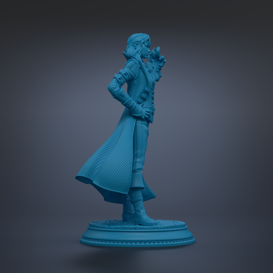 A blue statue of a person standing on a pedestal.