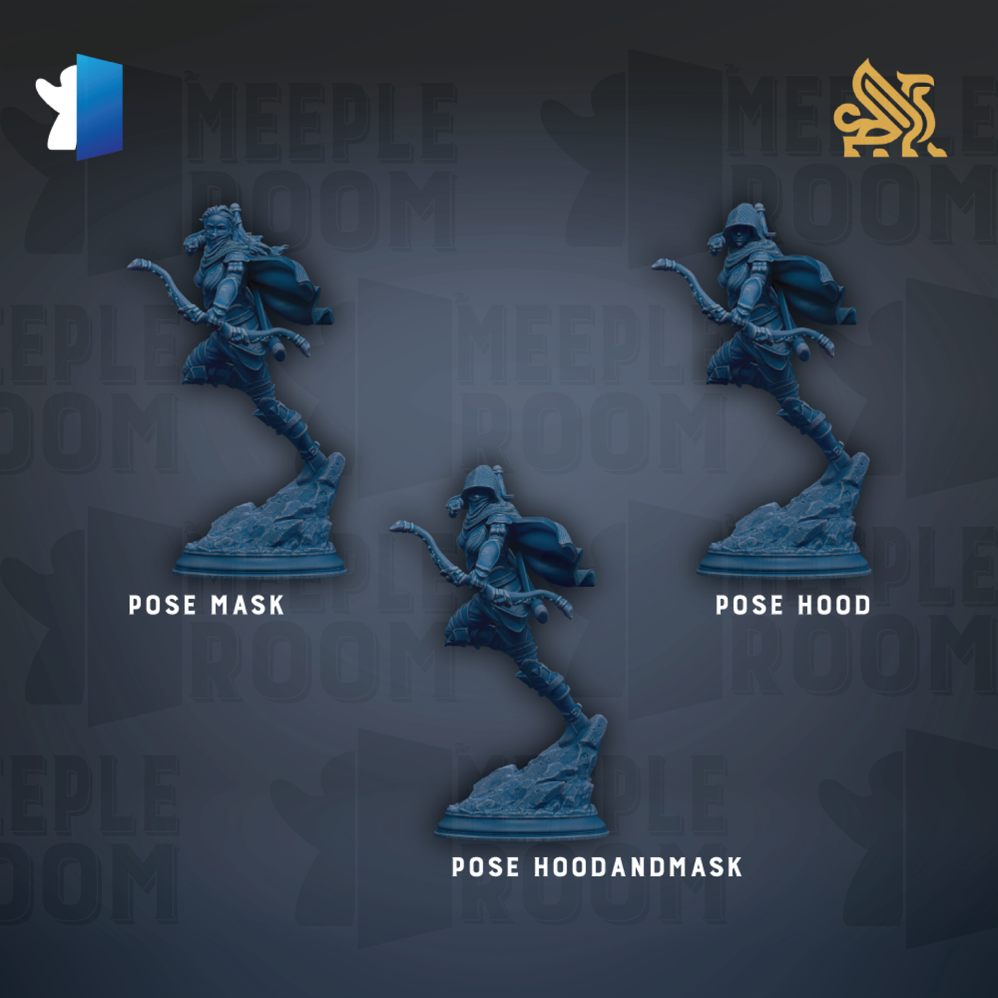 three blue figurines of a person in different poses, labeled as "Pose Mask", "Pose Hood", and "Pose Hoodandmask".