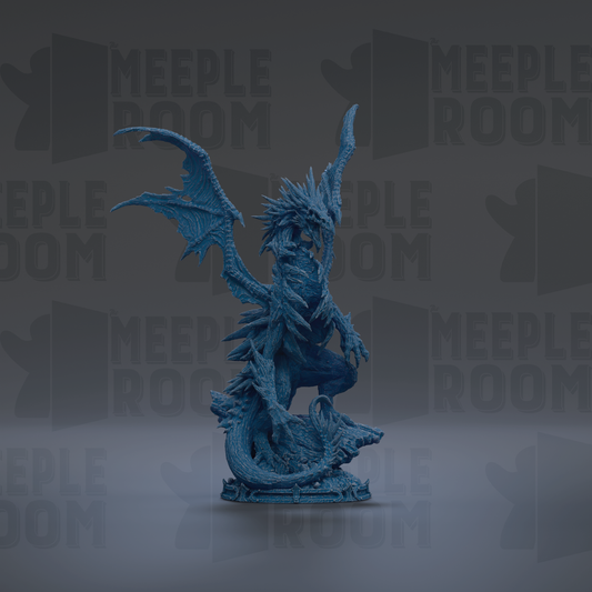A blue dragon statue with wings spread, standing on a platform against a dark background with repeated text.