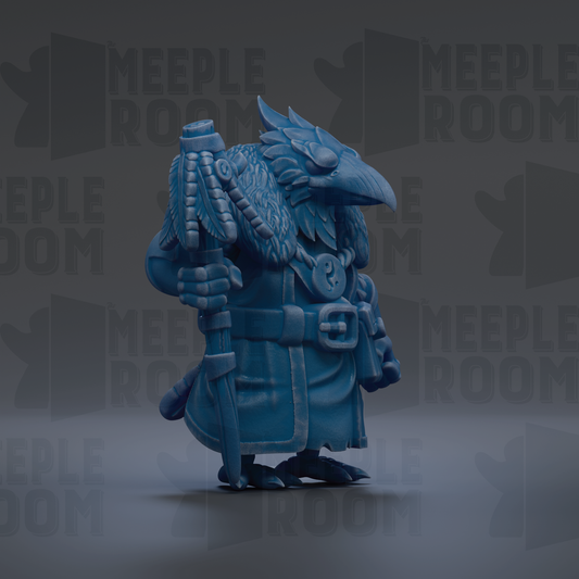 A blue, fantastical creature resembling a bird or dragon stands in the center of the image, holding a staff and wearing a decorative outfit.