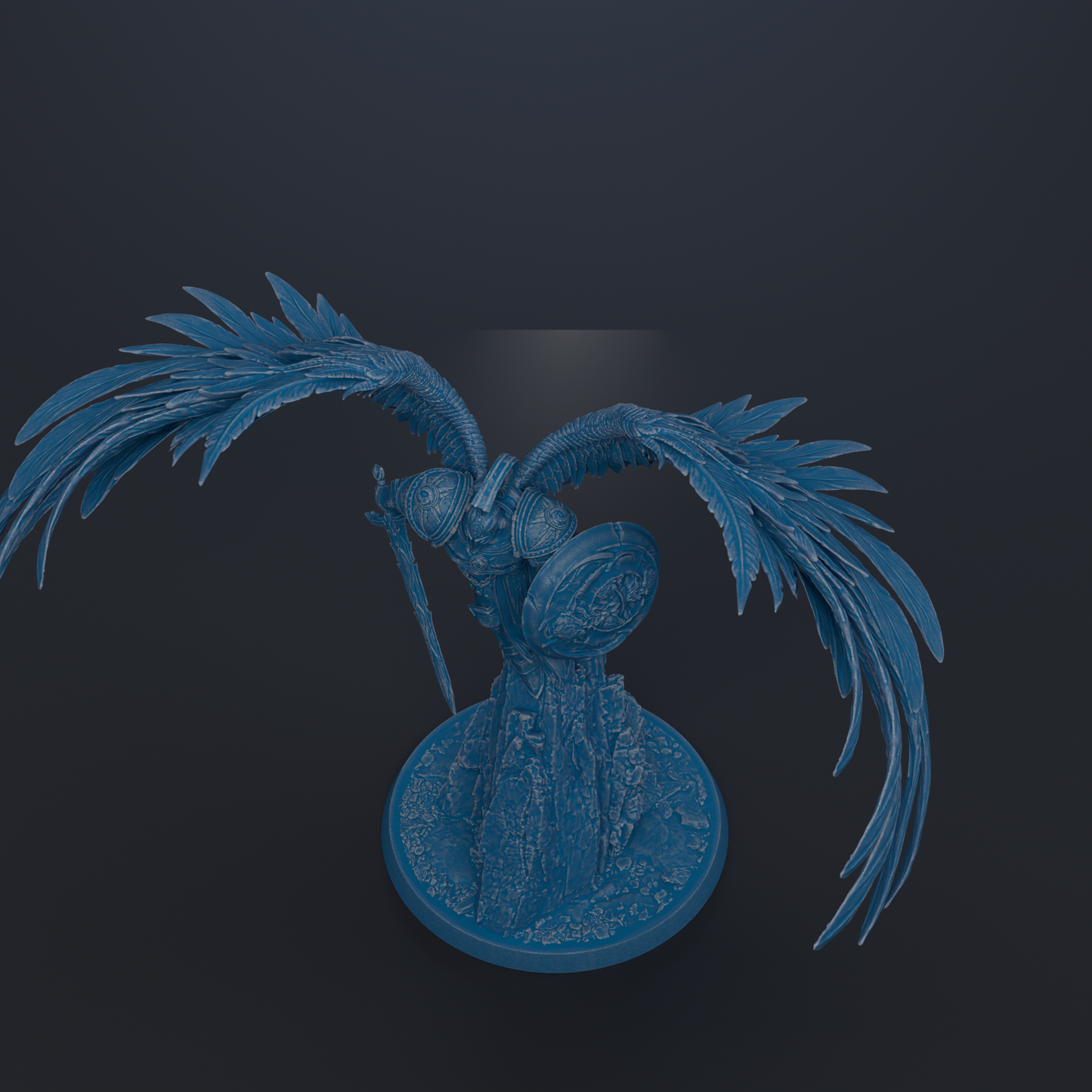 A detailed 3D rendering of a winged warrior figure with a shield, standing on a pedestal against a dark background.