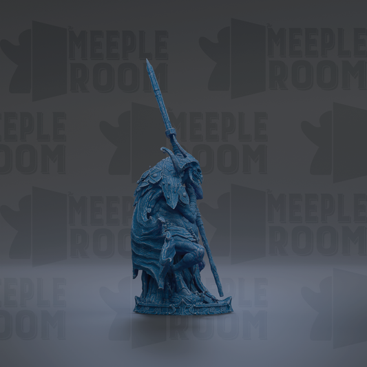 A blue statue of a warrior figure holding a spear stands prominently in the center of the image against a dark background with repeated "MEIPLE ROOM" text.