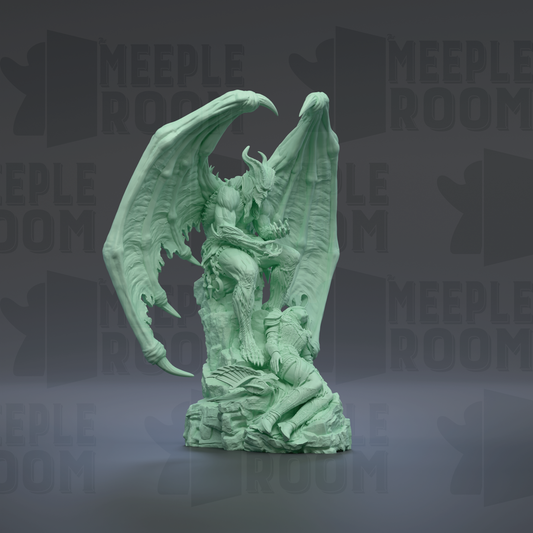 A green, winged statue of a creature with horns and claws, standing on a rock formation.