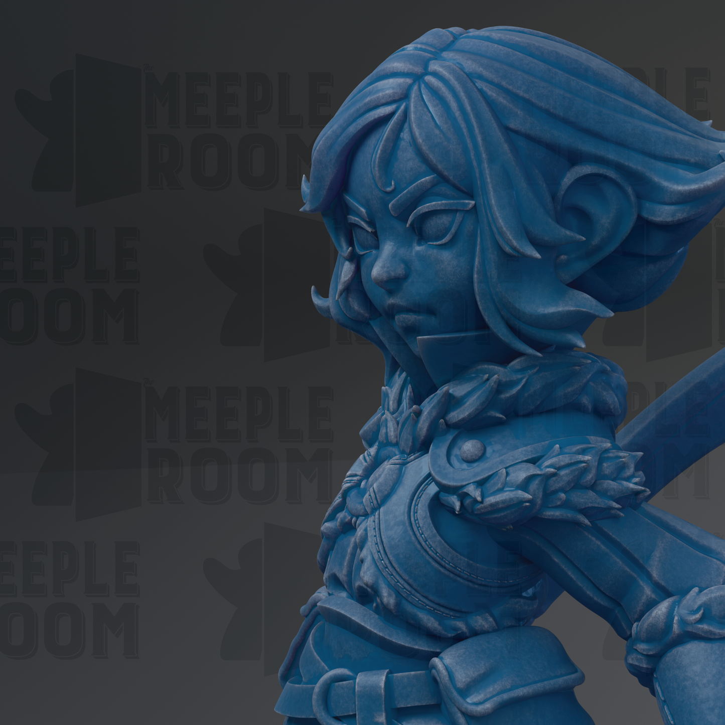 A close-up of a blue, 3D-rendered character with intricate details and a serious expression.