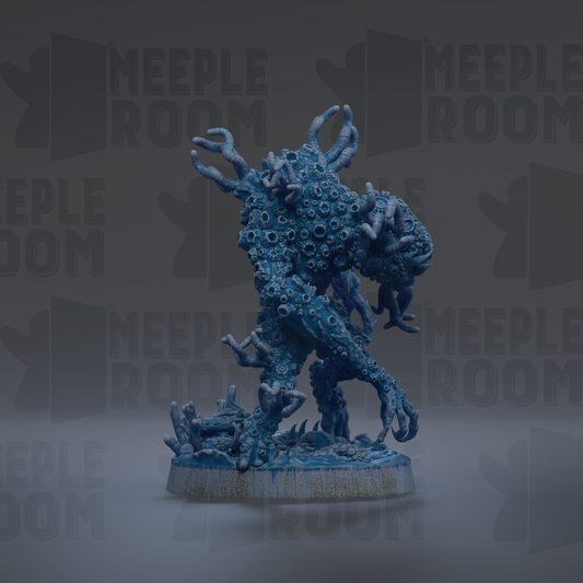 A 3D rendering of a blue, organic-looking creature with intricate, textured features, standing on a base.