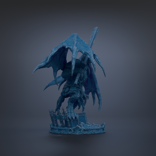 A 3D rendering of a blue dragon-like creature with sharp talons and a fierce expression, standing on a platform with a dark background.