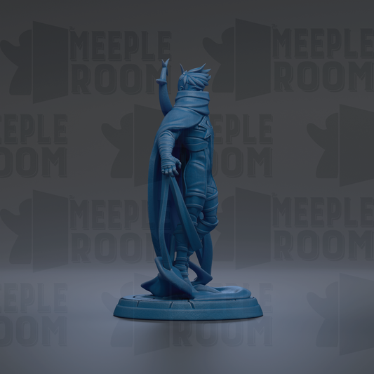A blue figurine of a person standing on a platform, with the text "MEUPLE ROOM" repeated in the background.