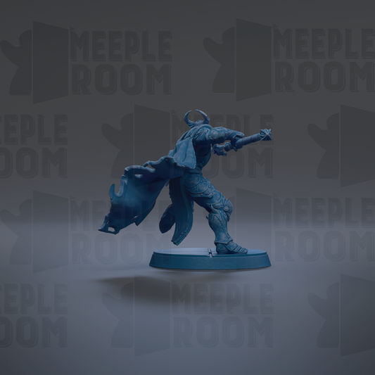 A blue figurine of a person in a fighting stance, with a cape billowing behind them, is the central focus of the image.