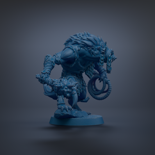 A blue, fantastical creature with sharp teeth and claws, standing on a platform and holding a large circular object in its mouth.