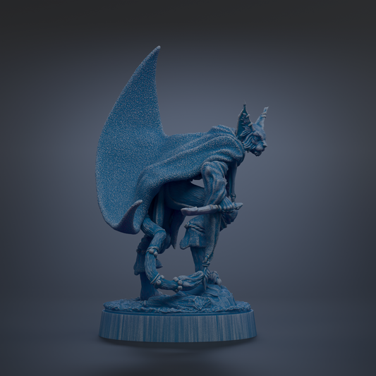 A 3D rendering of a blue, winged creature with a pointed hat and a sword, standing on a rock.
