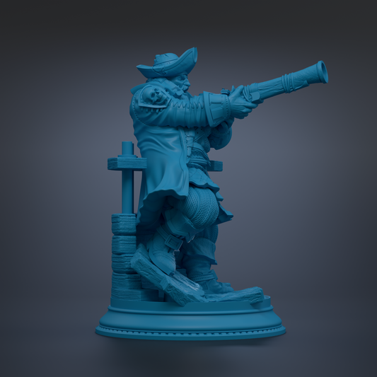 A blue statue of a pirate figure holding a gun and standing on a pedestal.
