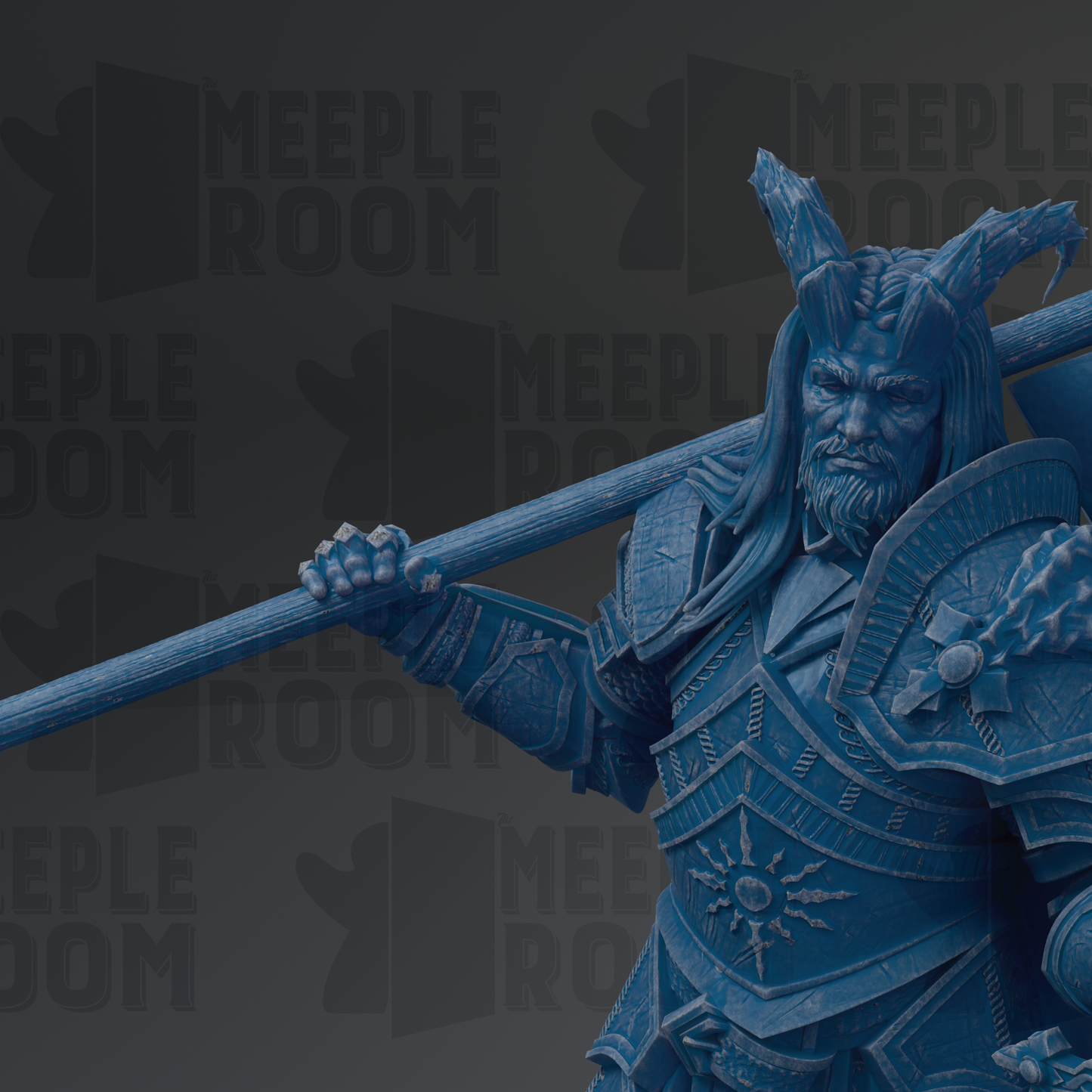 A detailed blue statue of a warrior figure holding a spear and shield, with a serious expression on their face.