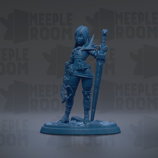 A blue figurine of a female character holding a sword and a shield, standing on a base.