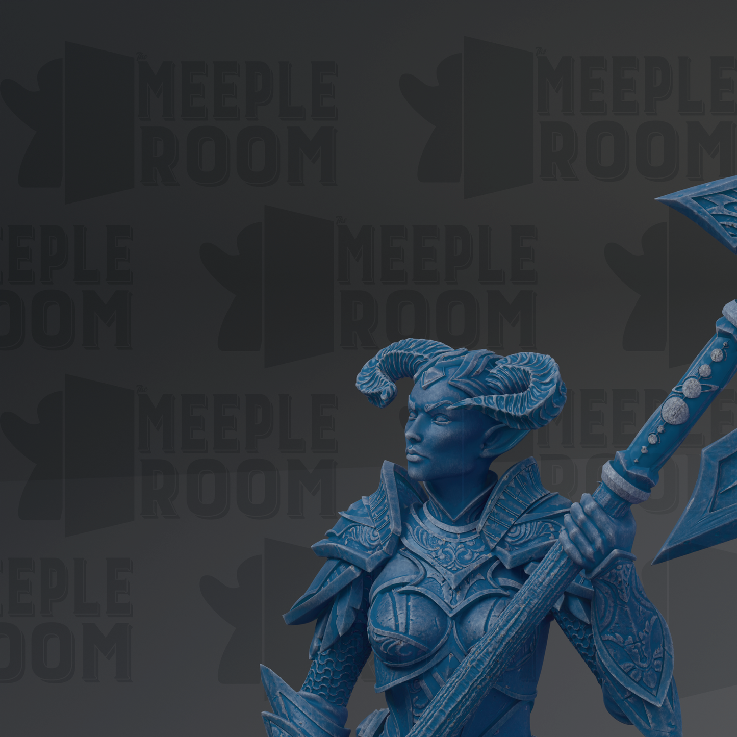 A blue statue of a warrior figure holding a sword and shield, with the text "MEUPLE ROOM" repeated in the background.