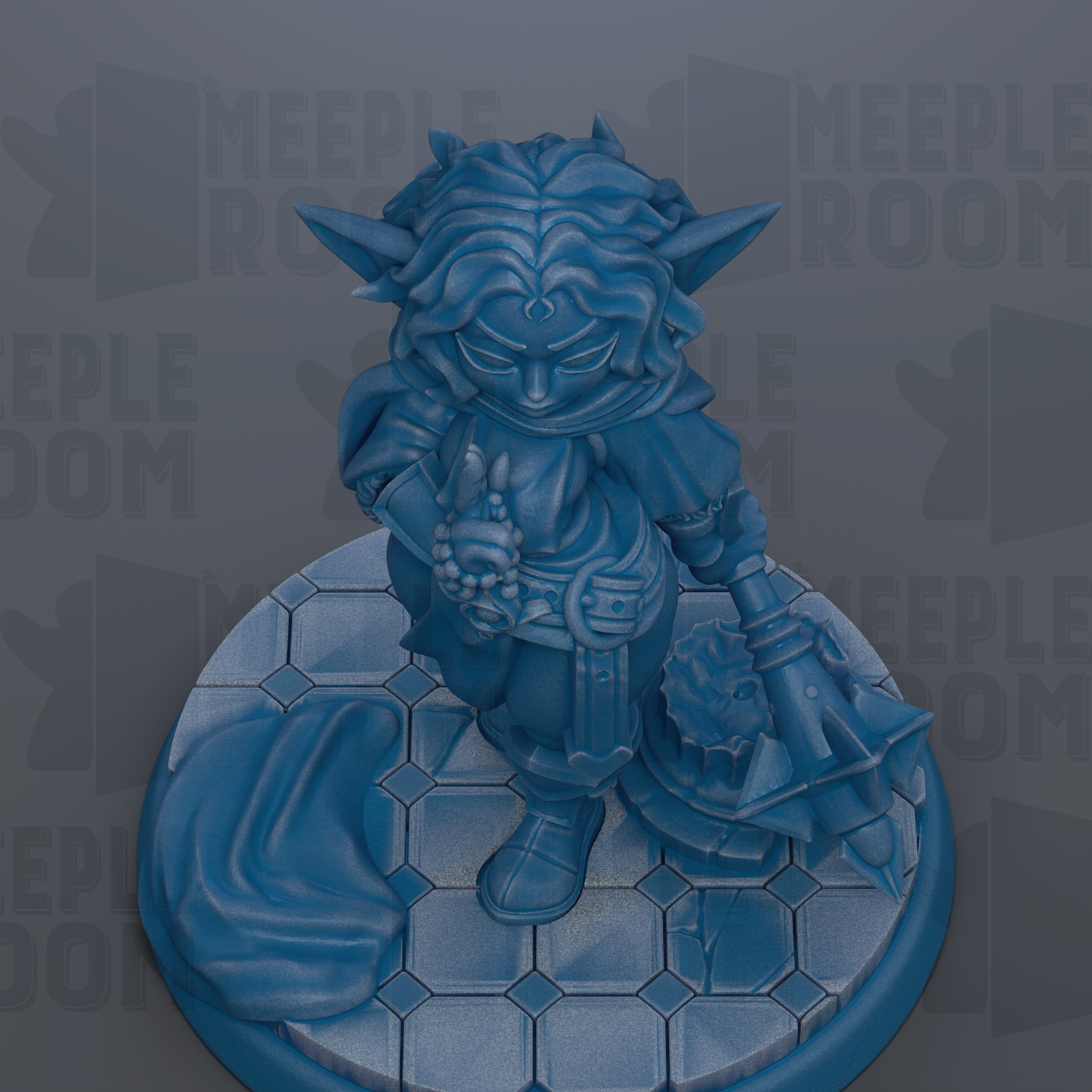 A blue figurine of a character with a sword and shield, standing on a hexagonal base.