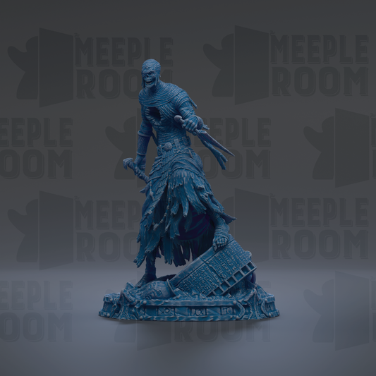 A figurine of a person with a fierce expression, wearing a long, flowing dress, stands on a platform against a dark background with repeated text.