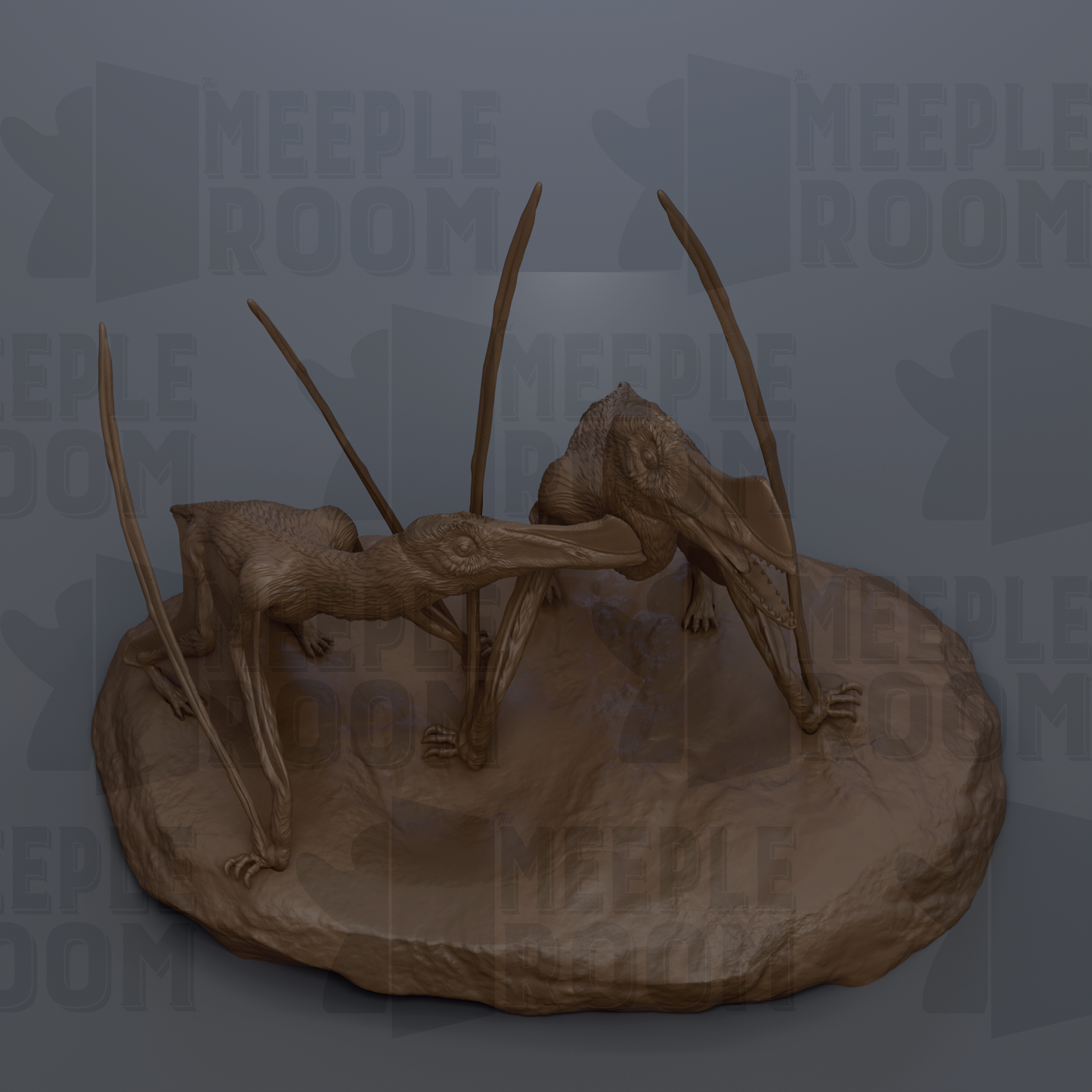 two dinosaur sculptures, one on top of the other, set against a gray background.