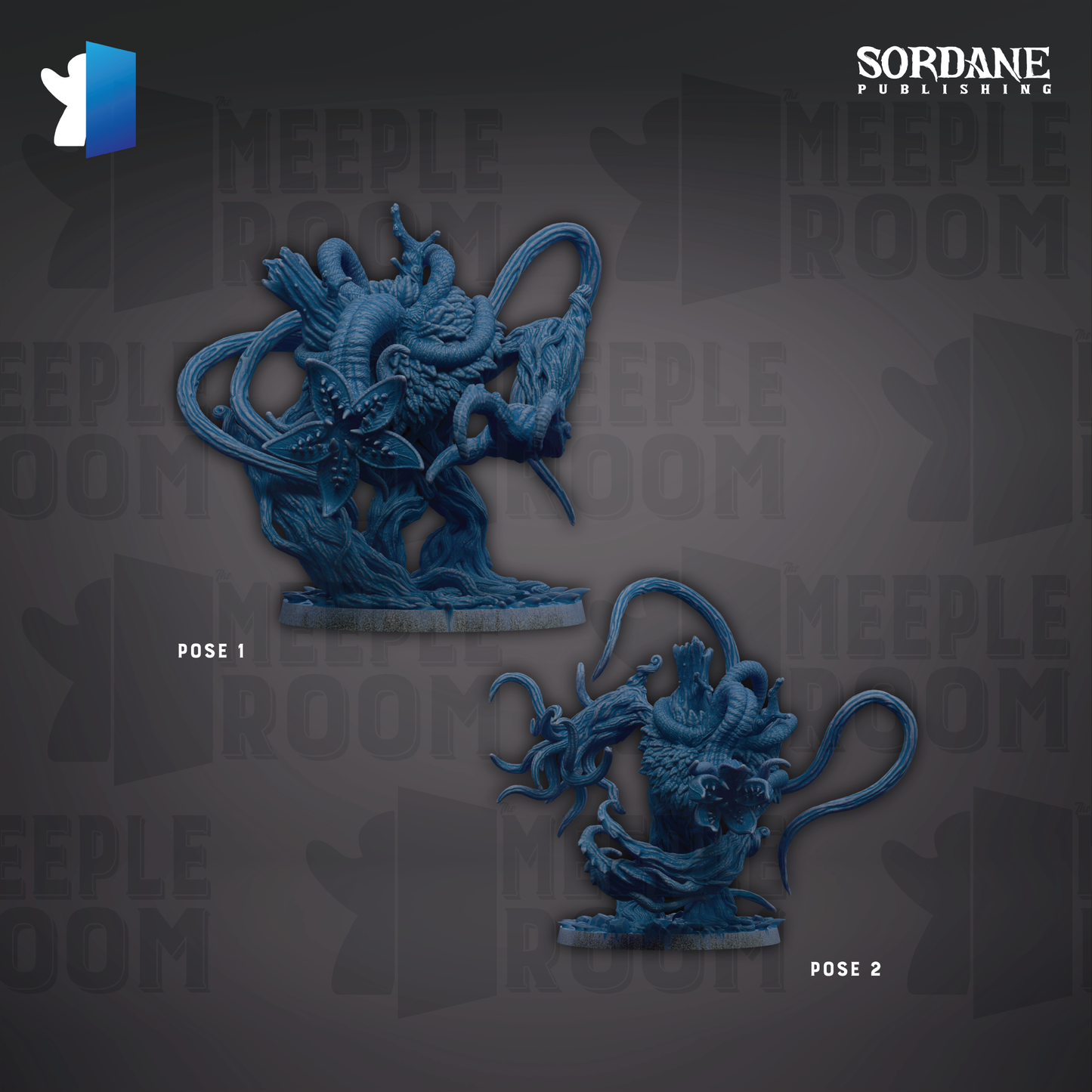 two blue figurines of a fantastical creature, possibly a monster or a dragon, posed in different positions.