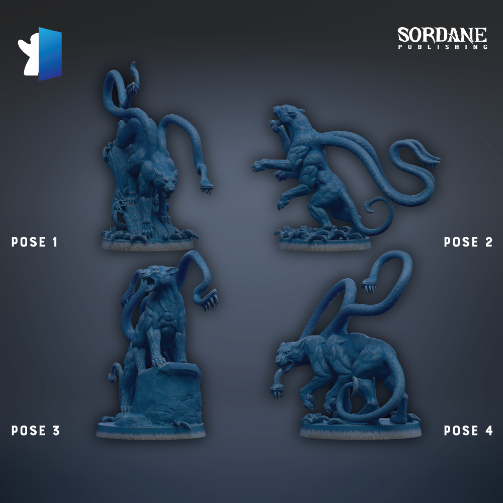 four blue figurines of fantastical creatures, each with unique poses and expressions, arranged in a grid against a dark background.