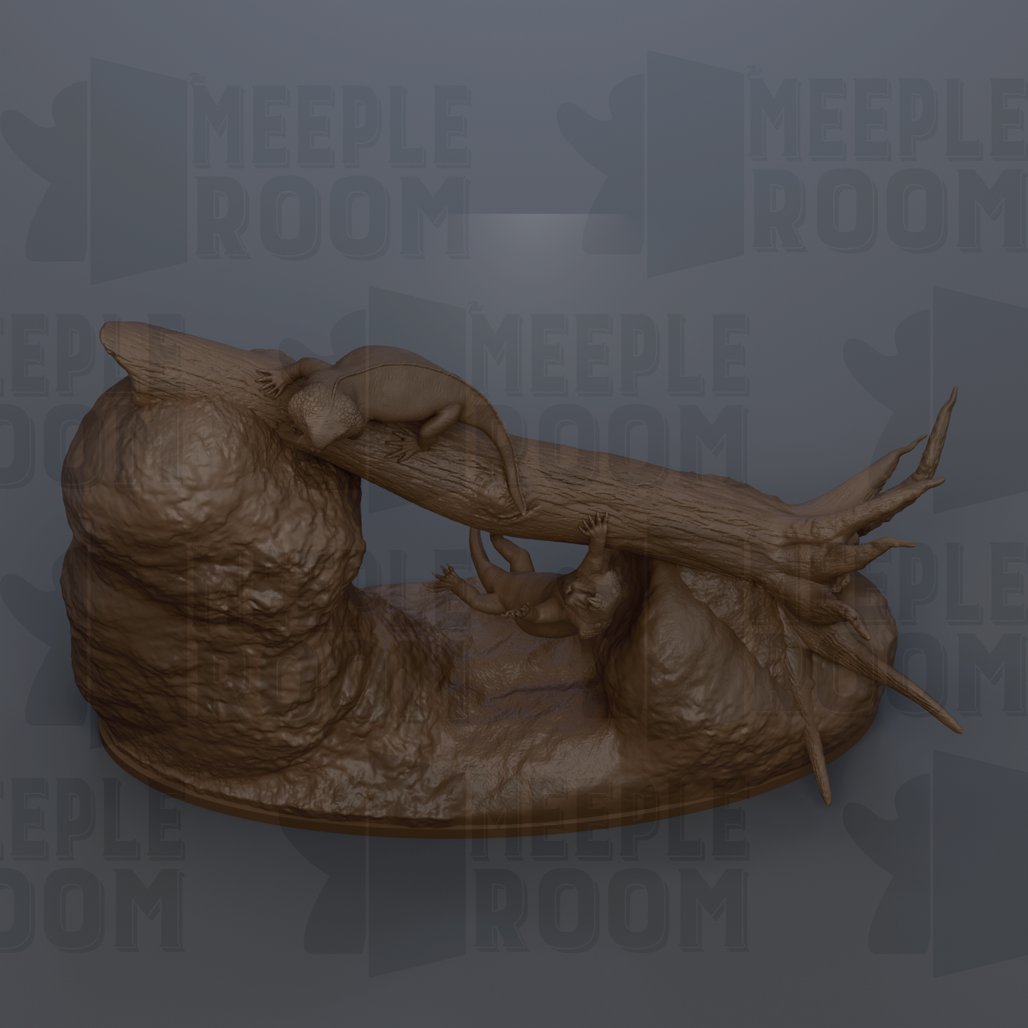A 3D rendering of a sculpture depicting a small animal, possibly a rodent or a similar creature, interacting with a large tree trunk or branch.