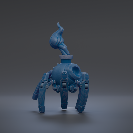 A blue, robotic-looking object with a flame-like shape on top, standing on a gray surface.
