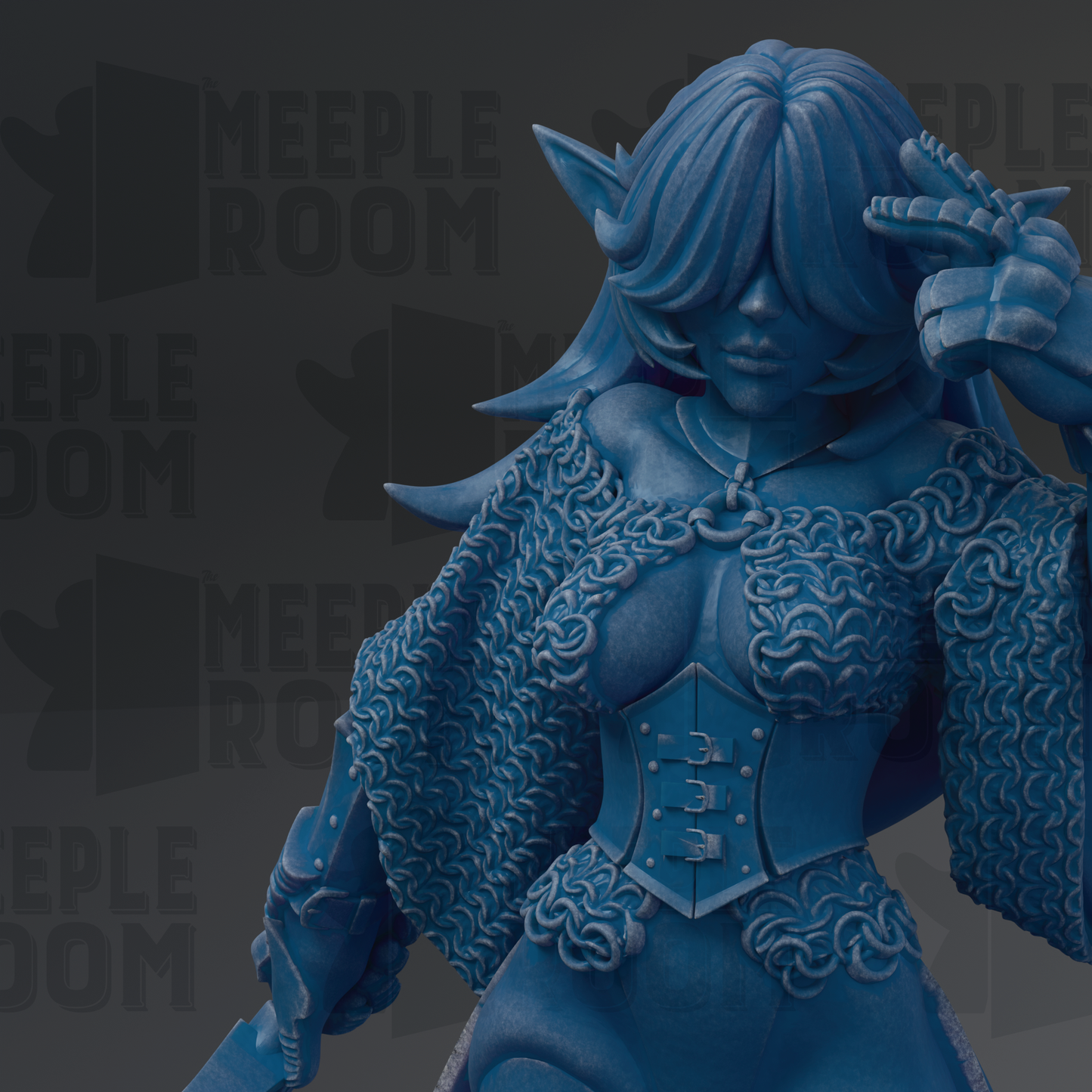 A close-up of a detailed, blue-colored statue depicting a female character with intricate, flowing hair and ornate clothing.