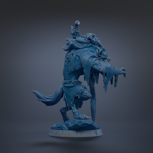 A blue, fantastical creature resembling a wolf or werewolf with a long tail and a pointed snout, standing on a rock.