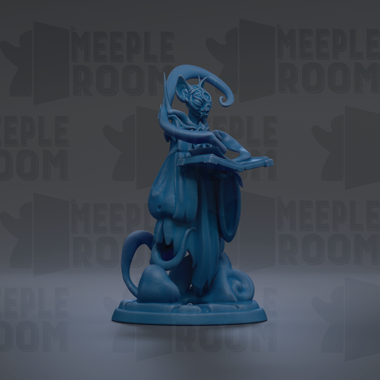A blue figurine of a fantastical creature, possibly a dragon or serpent, is depicted in the center of the image against a dark background with repeated text.