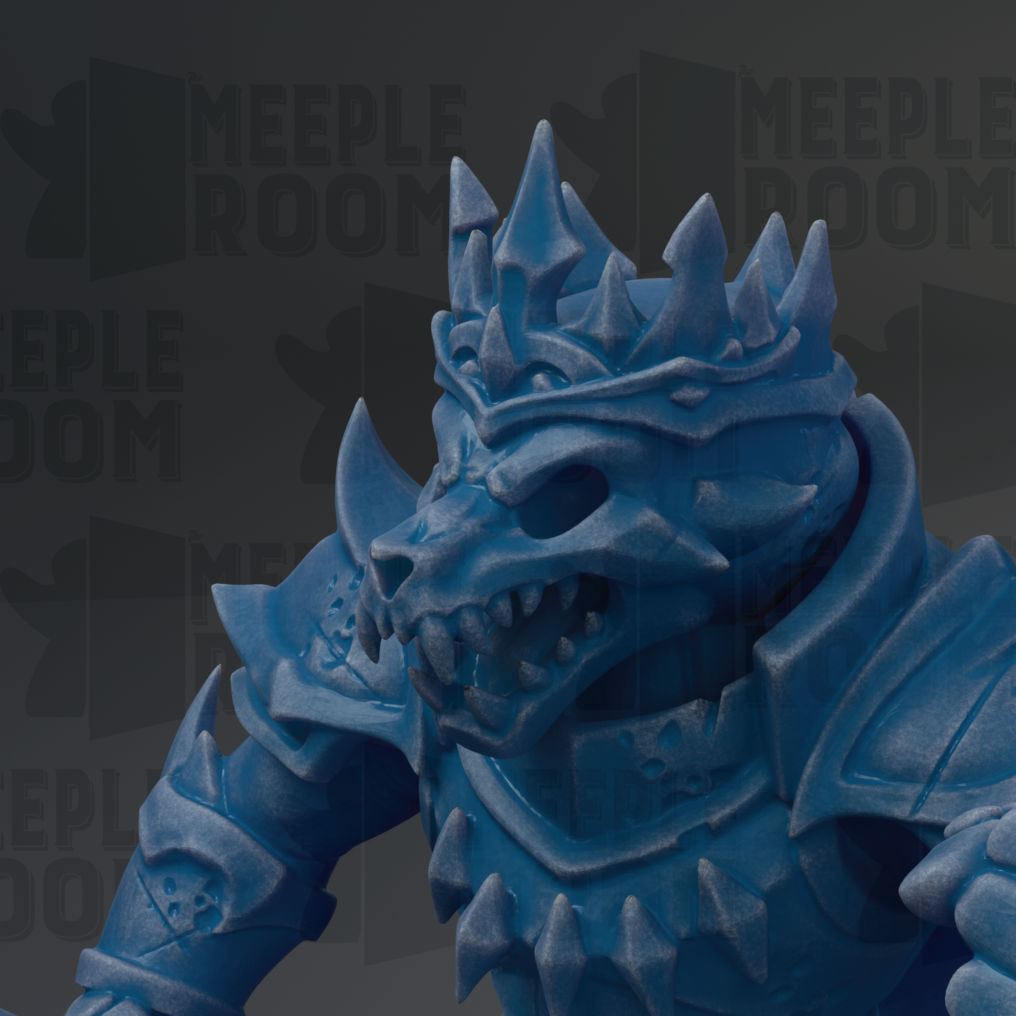 A close-up of a blue, armored fantasy creature with sharp teeth and spikes, set against a dark background with the text "MEUPLE ROOM" repeated multiple times.