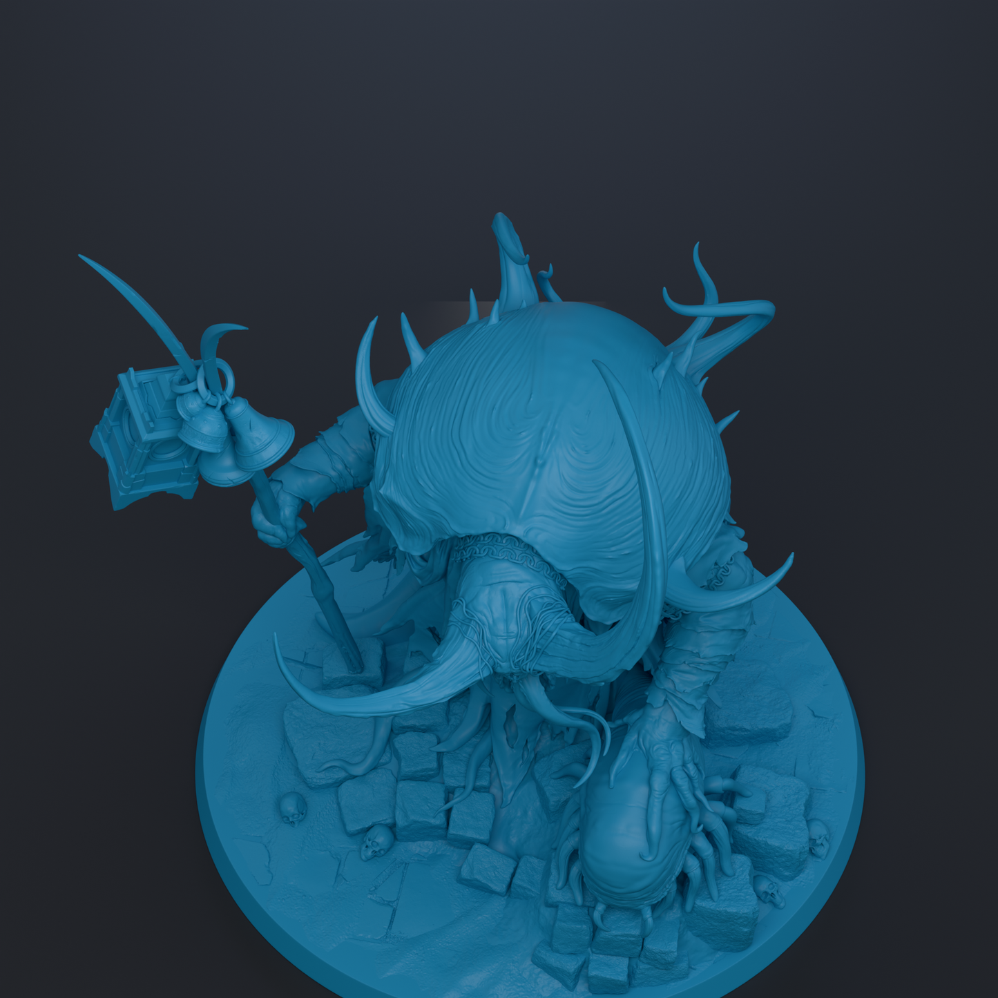 A 3D rendering of a fantastical creature with sharp teeth and claws, standing on a rocky surface.