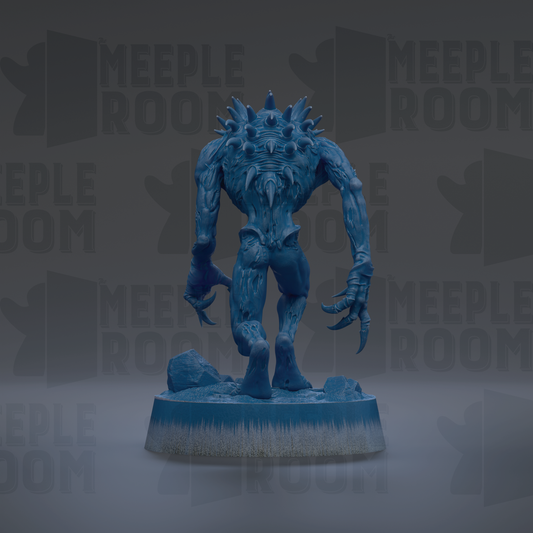 A blue, spiky-looking figurine stands on a base, with the text "MEUPLE ROOM" repeated in the background.