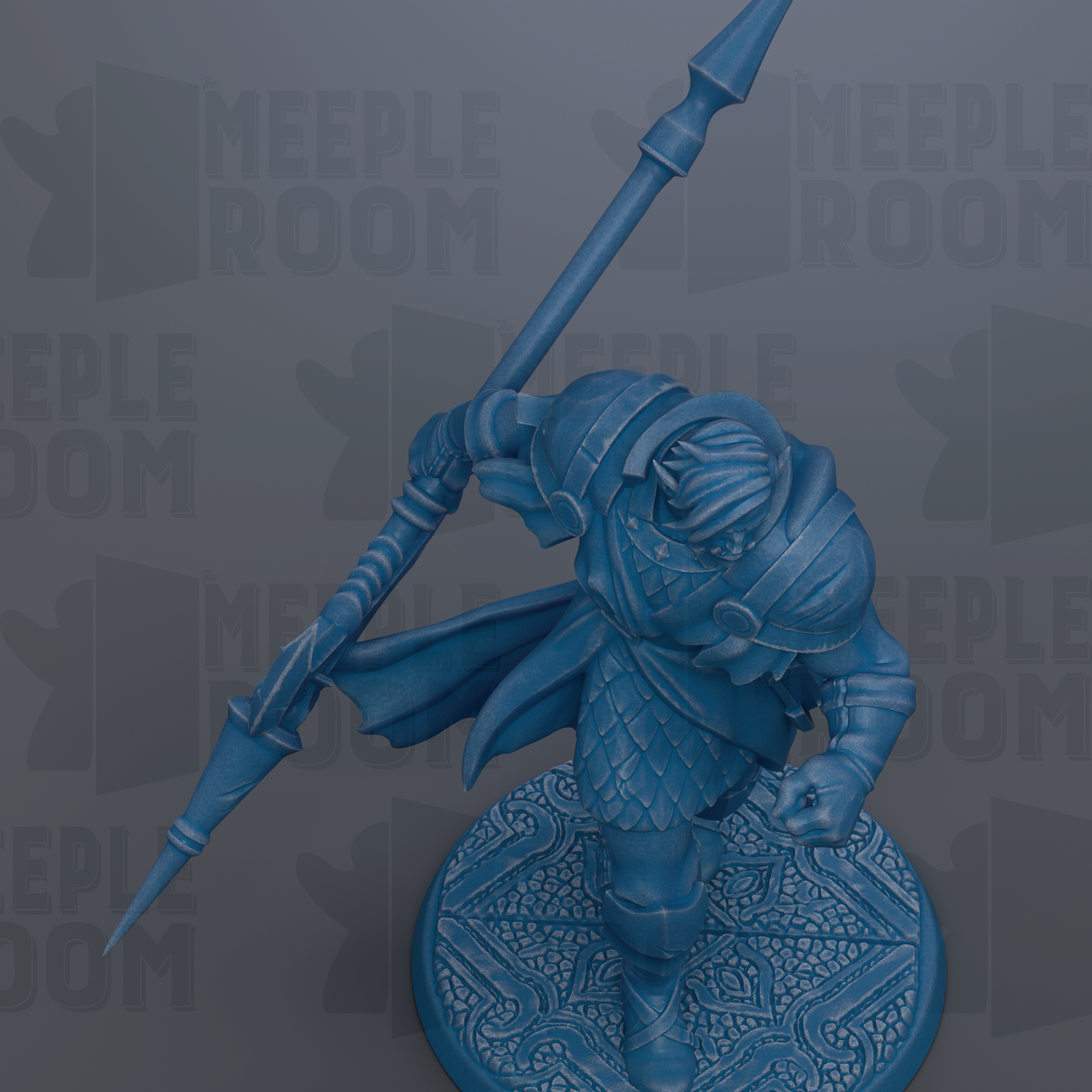 A blue figurine of a warrior wielding a spear and shield, standing on a circular base with a patterned design.