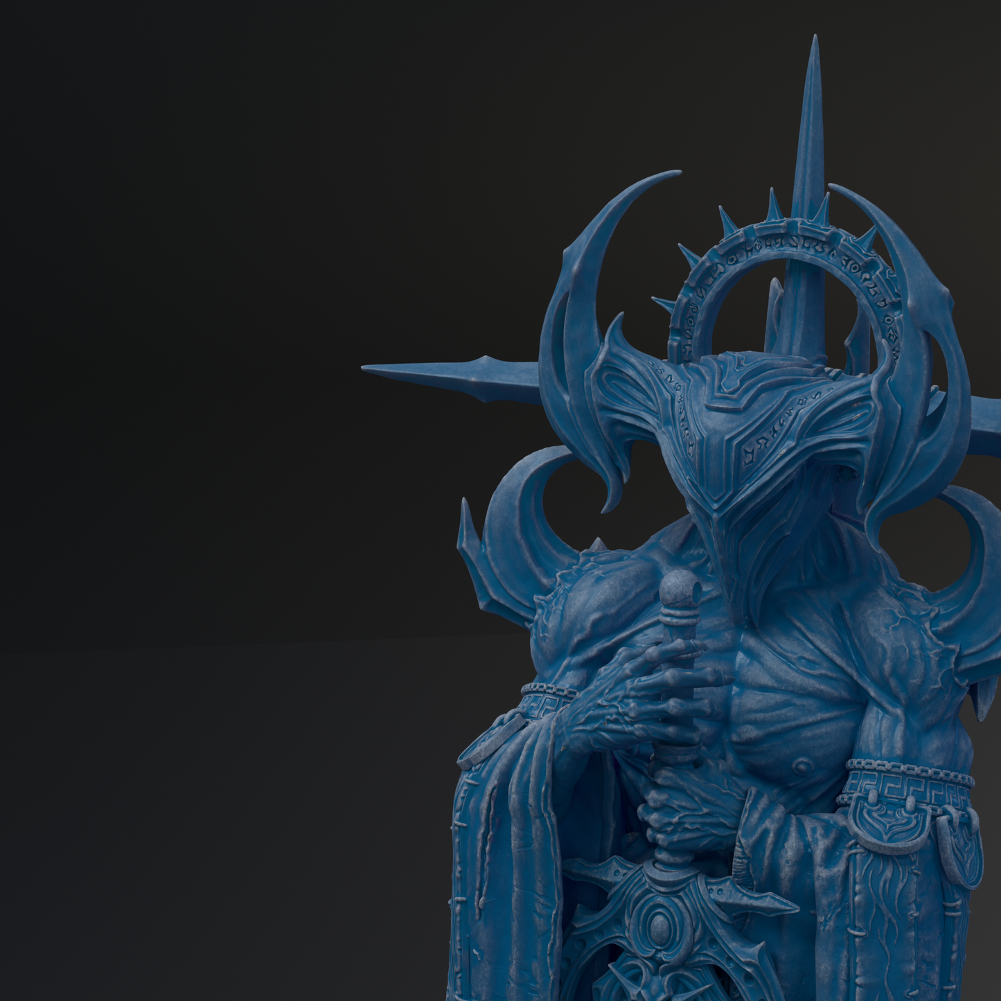 A detailed 3D rendering of a blue, fantastical creature with intricate, ornate armor and a pointed headdress, standing against a dark background.