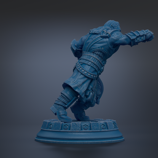 A blue, 3D-rendered statue of a warrior figure in a fighting stance, with a sword in hand and a determined expression on their face.