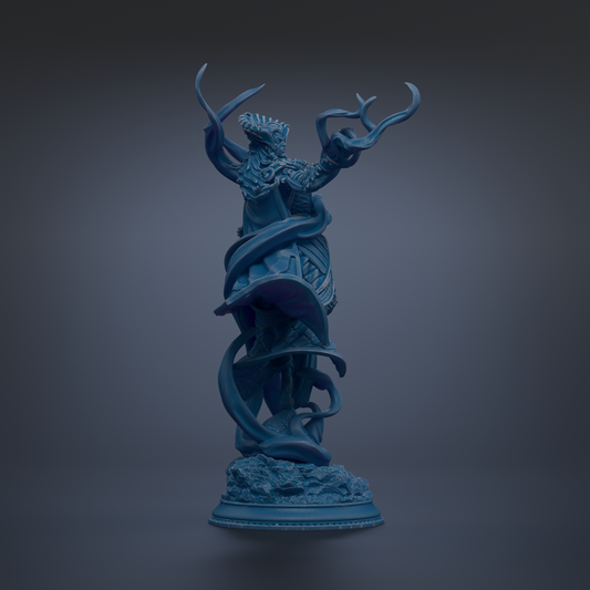 A blue statue of a figure with outstretched arms and a flowing, ethereal design.