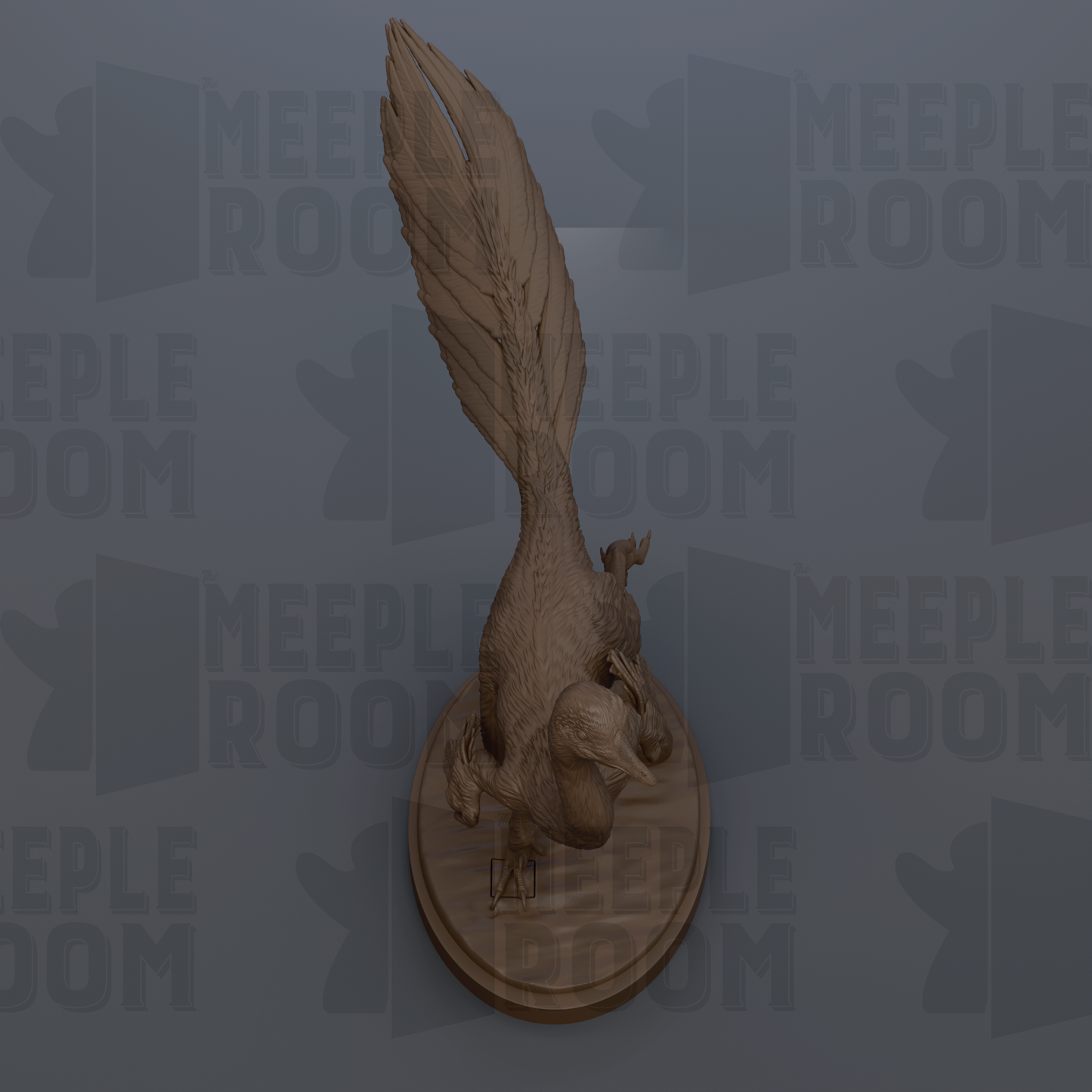 a detailed 3D rendering of a bird statue, possibly a dinosaur, perched on a circular base. The background is a dark gray color, and the image contains repeated text that reads "MEEPLE ROOM".