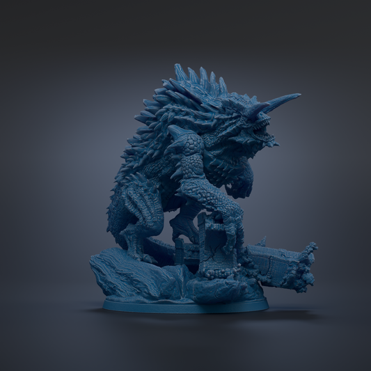 A 3D rendering of a blue, spiky-haired creature with sharp teeth, standing on a rock formation against a dark background.