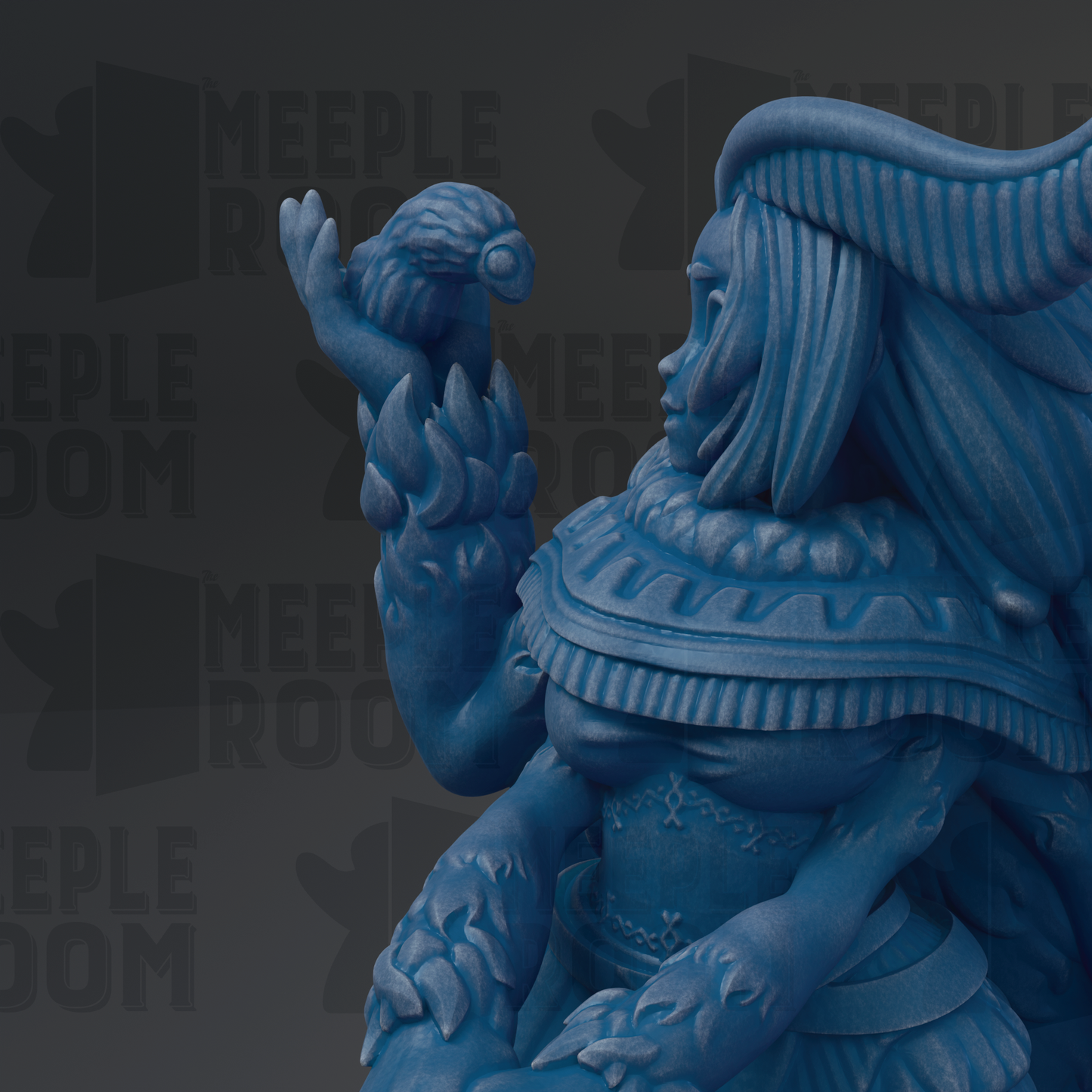 A close-up of a blue, sculpted figure with a bird-like creature in its hand, set against a dark background with repeated text.